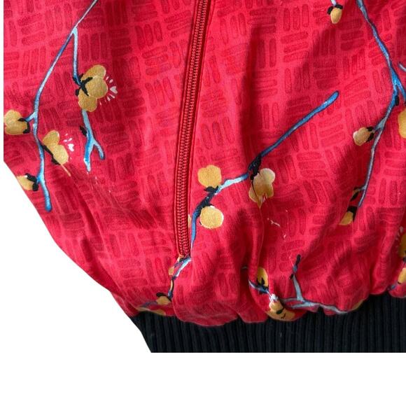 Allison Taylor Red Silk Cherry Blossom Bomber Jacket Size M full zip pocket - Picture 5 of 8